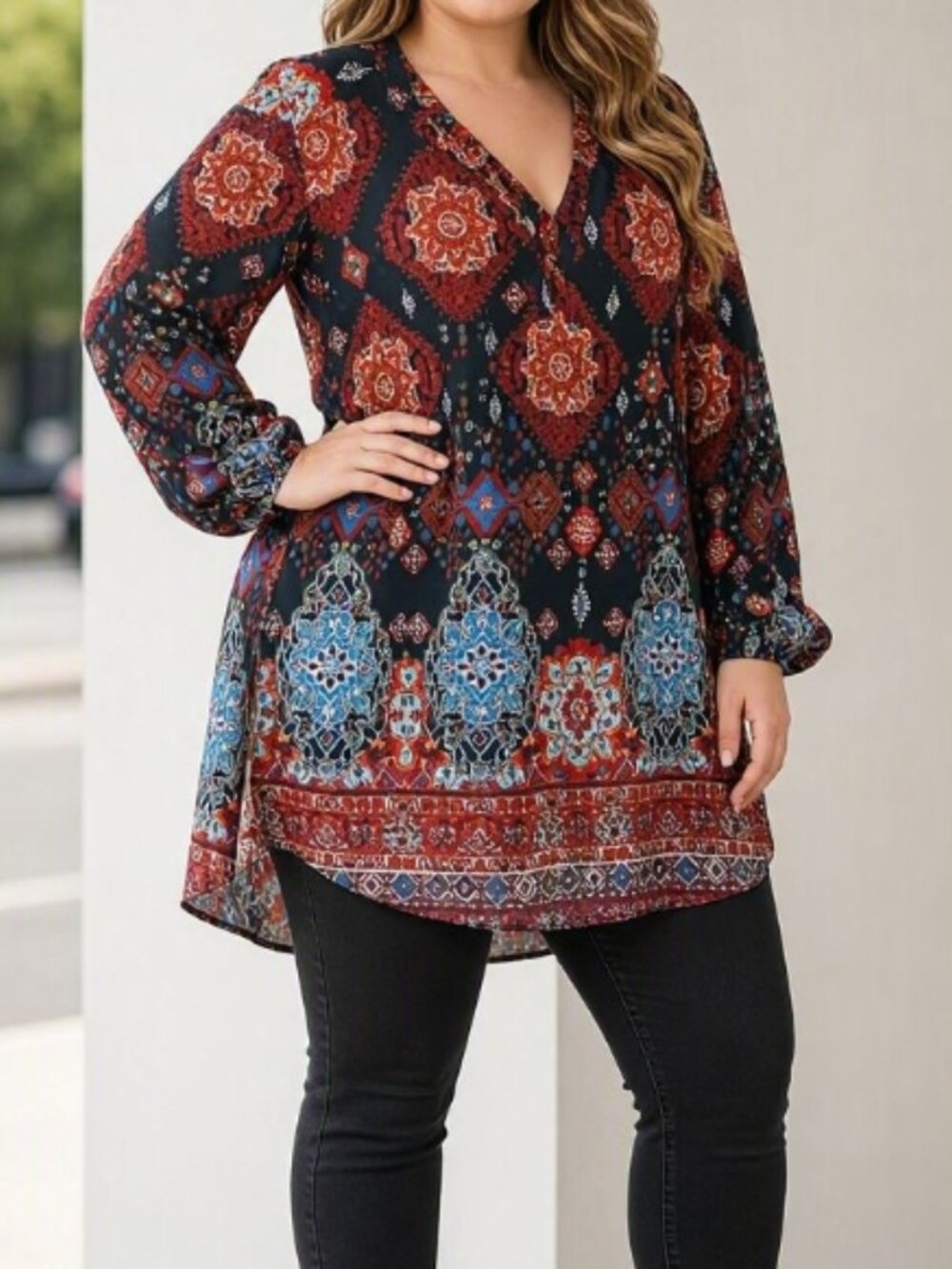 Maurices Maroon Blue Medallion Print Tunic Blouse Plus 3X Boho Casual Chic